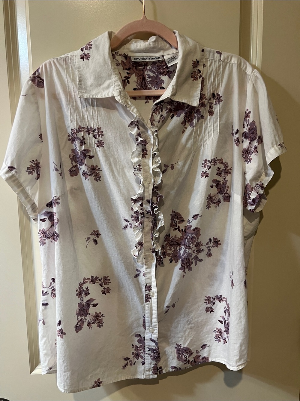 Envision Studio White Button-Down Shirt with Purple Floral Print